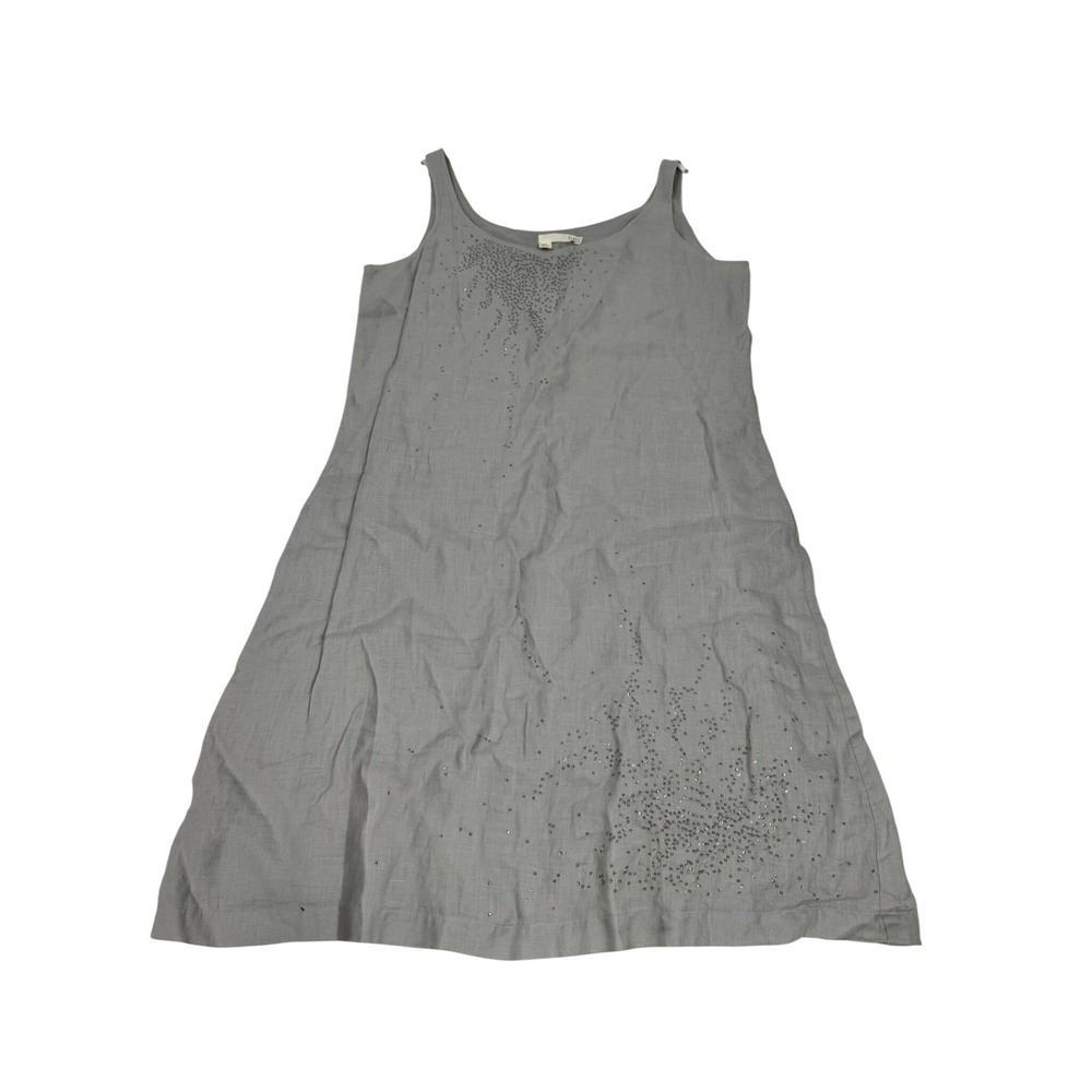 Eileen Fisher Grey Linen Beaded Sleeveless Shift Dress Womens 10 Scoop Neck Midi